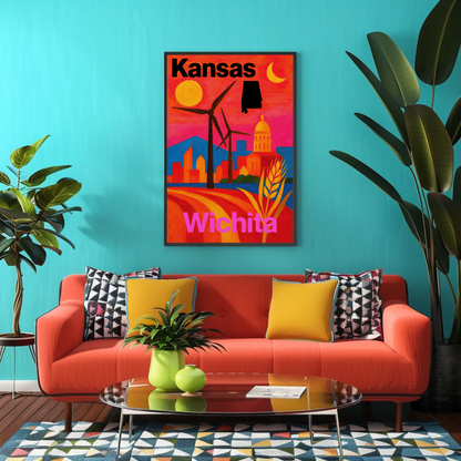 Wichita Kansas Skyline Retro Vintage Travel Poster
