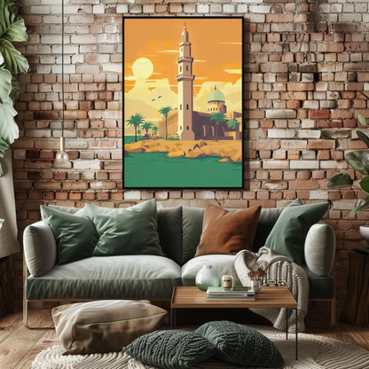 Seaside Mosque Golden Sunset Coastal Scene Travel Poster