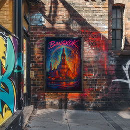 This vibrant poster art depicts an iconic temple in Bangkok, Thailand, likely the Travel Poster