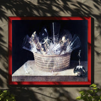 This poster features a classic still life painting with a focus on a Travel Poster