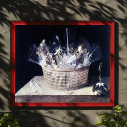This poster features a classic still life painting with a focus on a Travel Poster