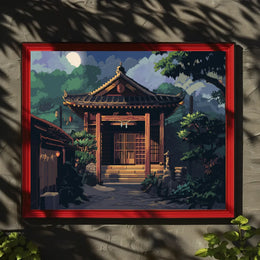 Moonlit Japanese Temple Pixel Art Poster