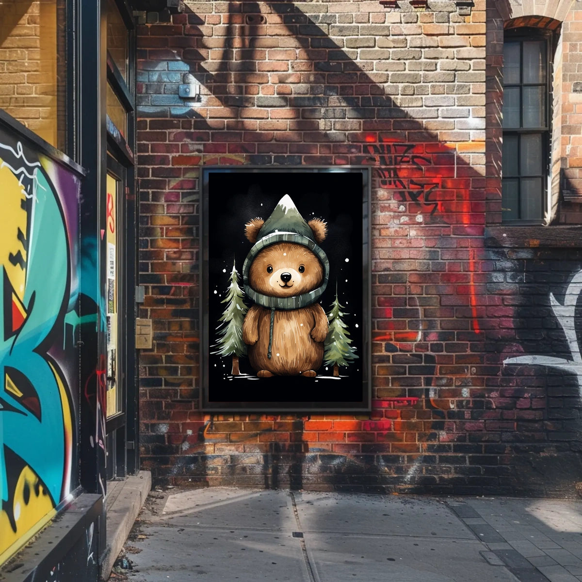 Whimsical Bear in Mountain Hood Cartoon Poster