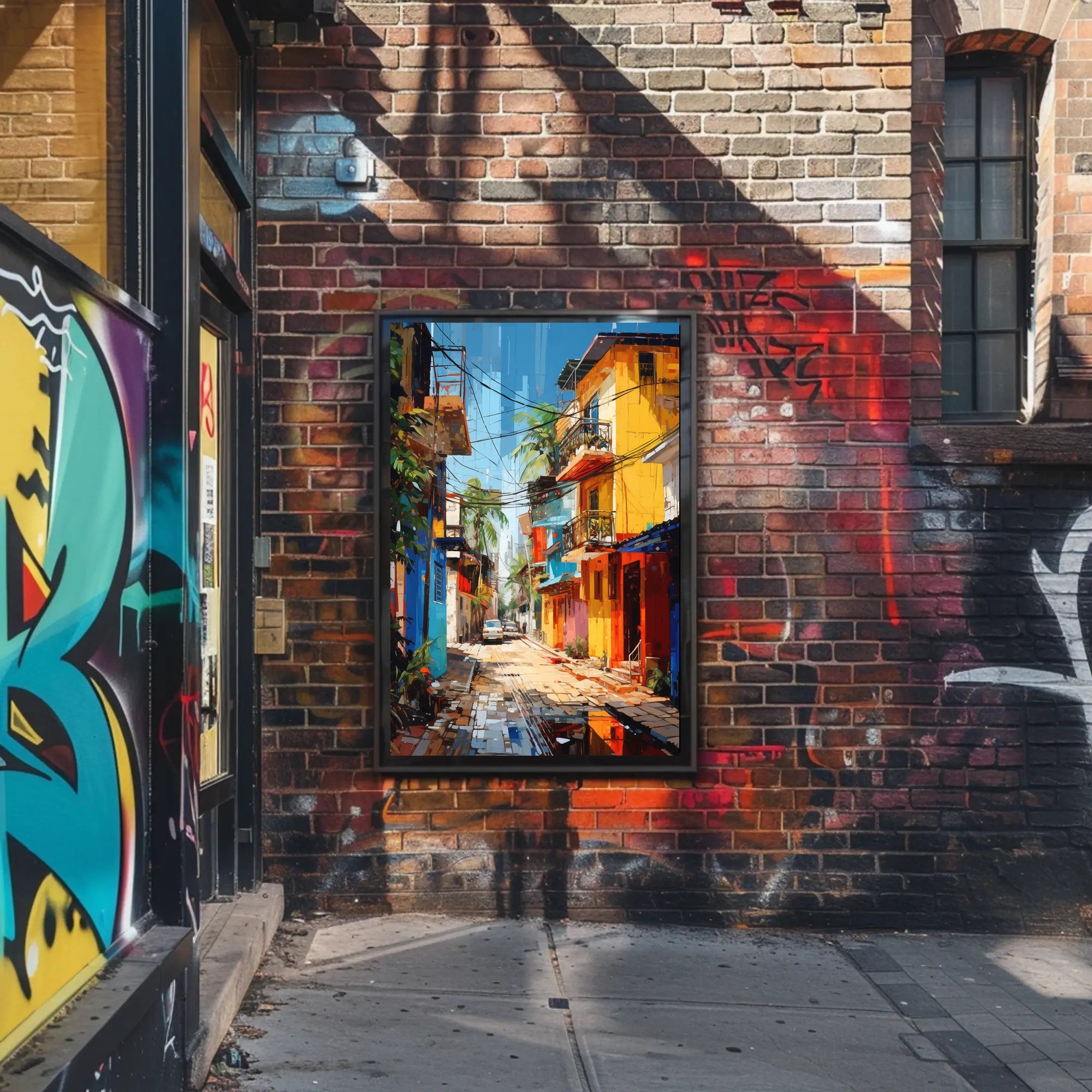 Vibrant Tropical Urban Street Scene Artistic Poster