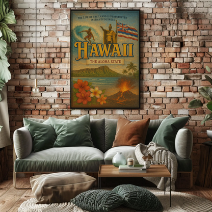 Hawaii Surf Volcano King Flag Flowers Travel Poster