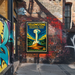 Yellowstone National Park Vintage Illustration Geyser Poster