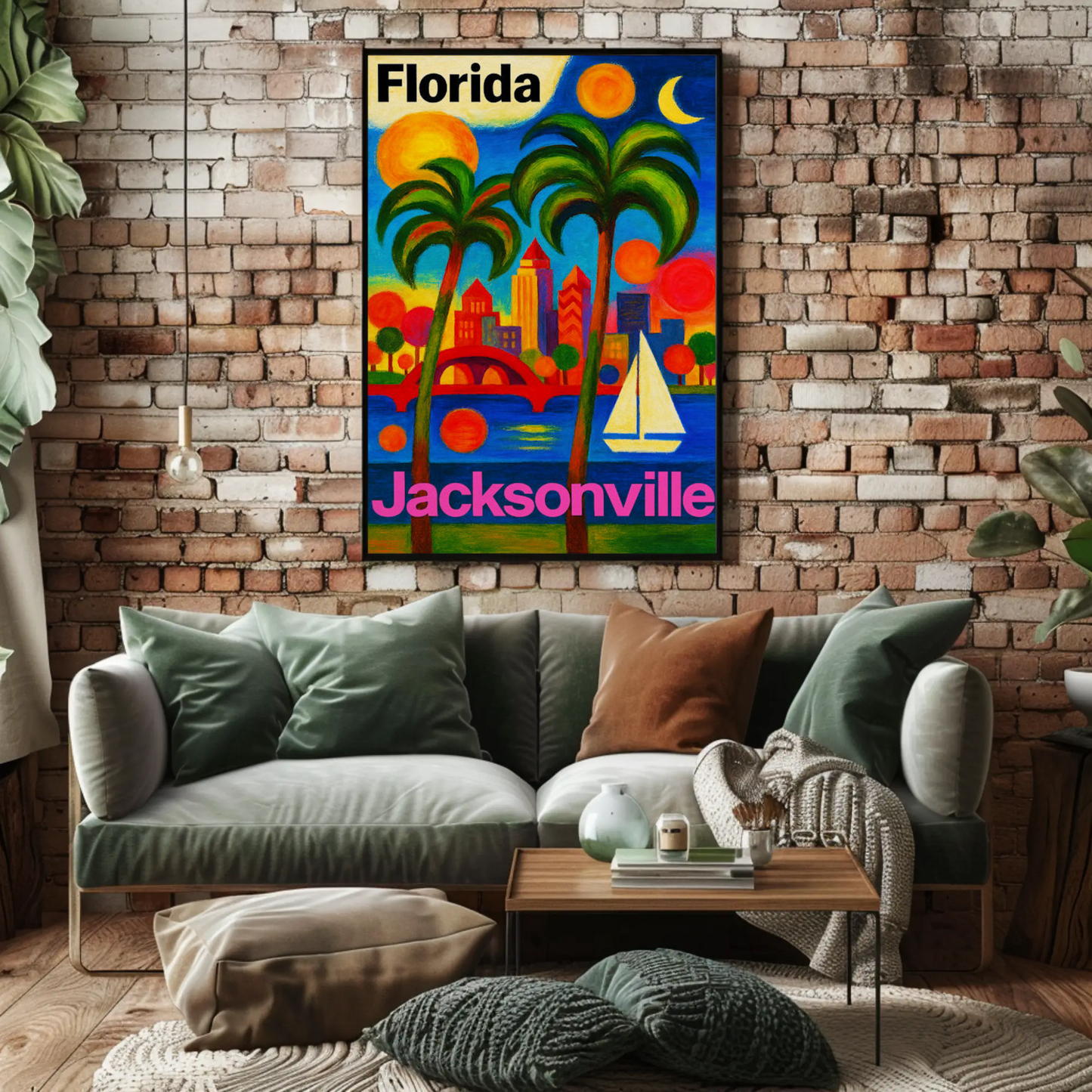 Jacksonville Florida Vibrant Skyline With Sailboat Travel Poster