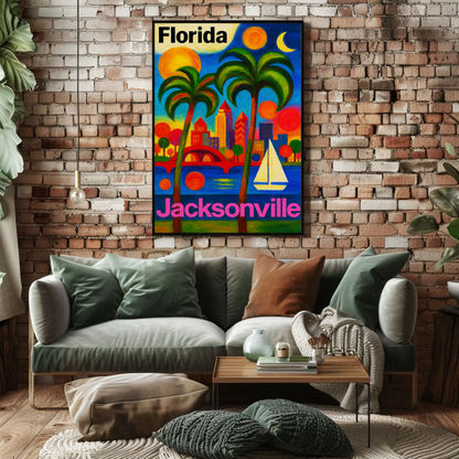 Jacksonville Florida Vibrant Skyline With Sailboat Travel Poster
