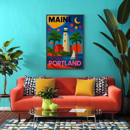 Maine Portland Lighthouse Sailboats Palms Vintage Travel Poster