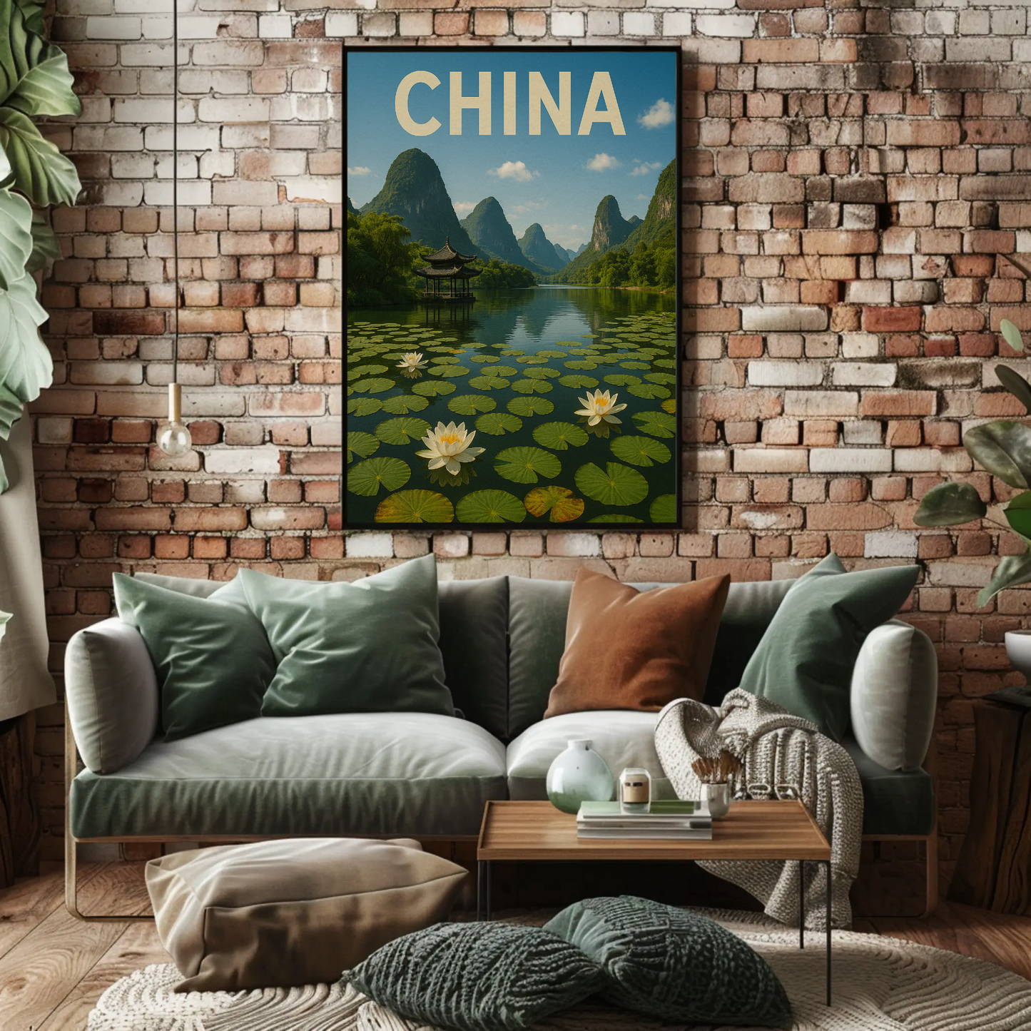 China Lotus Lake Mountains Pavilion Vintage Travel Poster