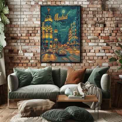 Madrid Night Drive Glowing Lights Retro Travel Poster