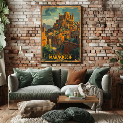 Marrakech Medina Palaces Mountains Travel Poster