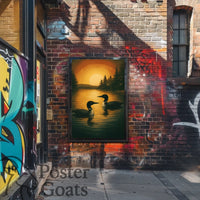 Serene Lake Scene with Loons and Sunset - Animal Poster