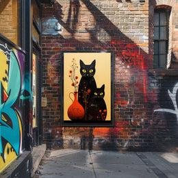 Enigmatic Felines And Floral Harmony Poster