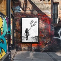 Child Releasing Star Balloons Black And White Sketch Poster