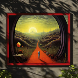 Surreal Explorer Landscape Portal: Futuristic Sci-Fi Poster