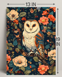 Barn Owl Amid Enchanted Flora: Artistic Animal Poster