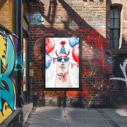Playful watercolor of a llama wearing a stars and stripes hat and sunglasses standing in front of bunting and balloons in red white and blue Poster