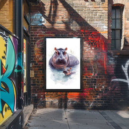 Mother and Baby Hippopotamus Digital Animal Poster
