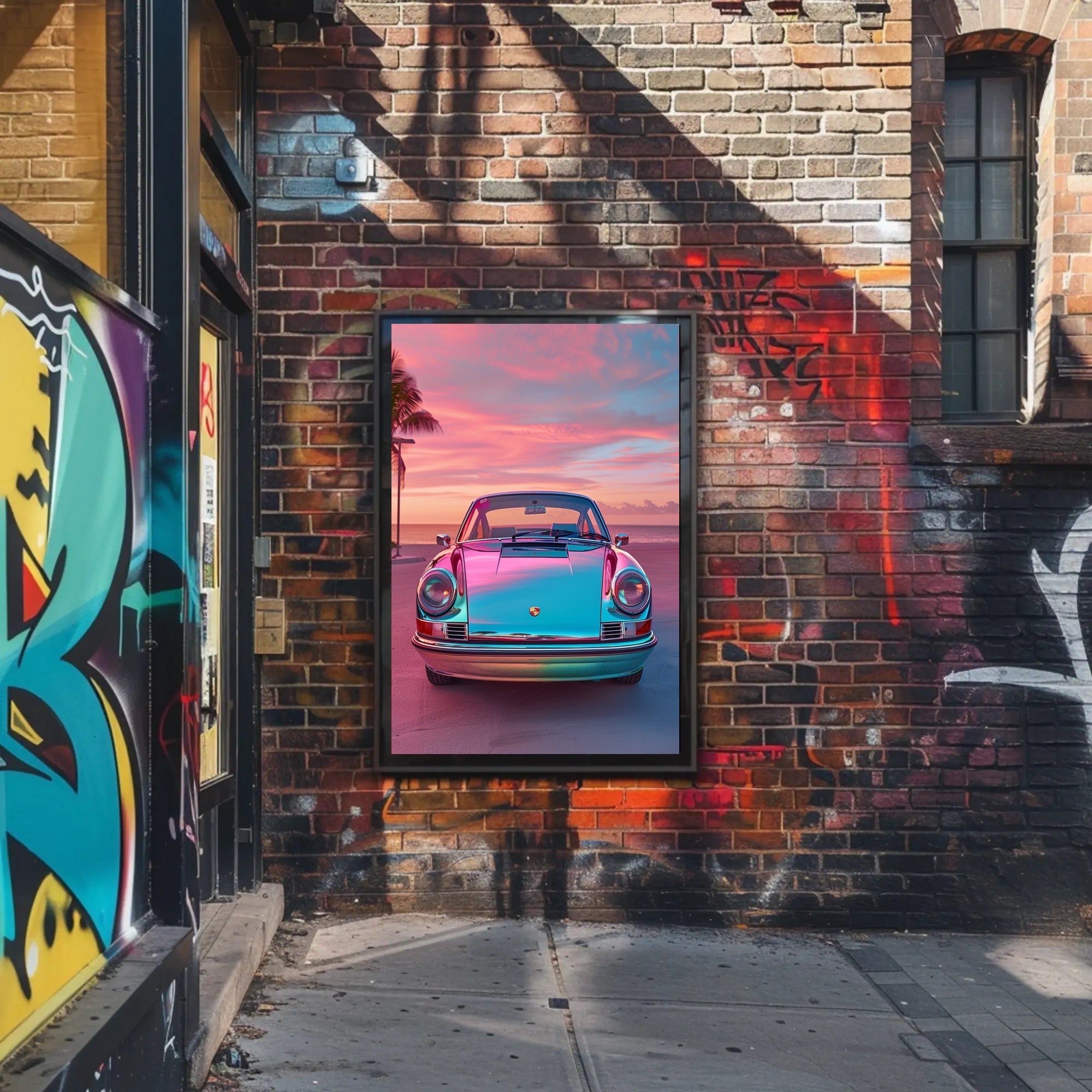 Vintage Car at Sunset Art Print Poster PosterGoat
