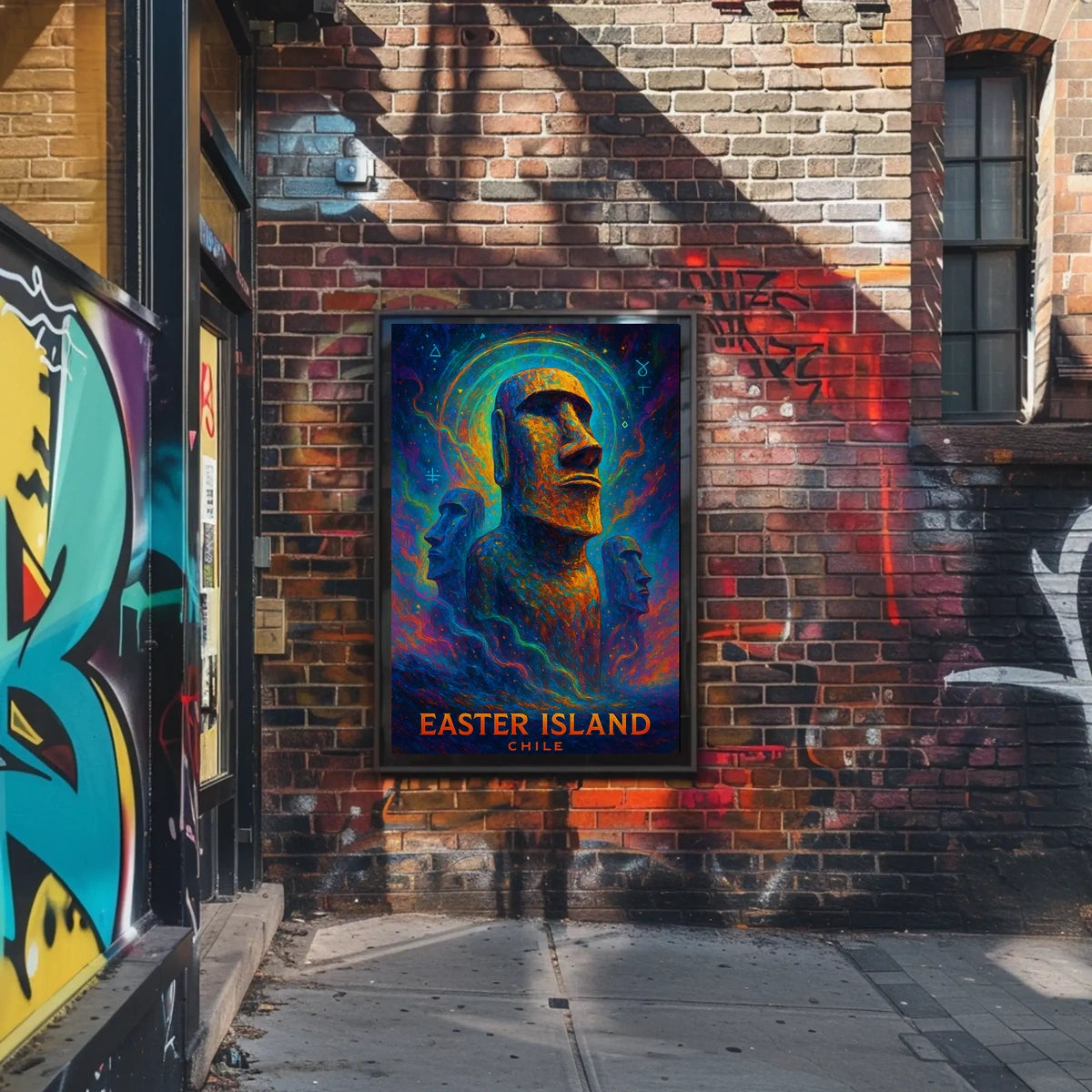 The poster showcases Easter Island, with a focus on the iconic Moai statues, Travel Poster