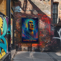 The poster showcases Easter Island, with a focus on the iconic Moai statues, Travel Poster