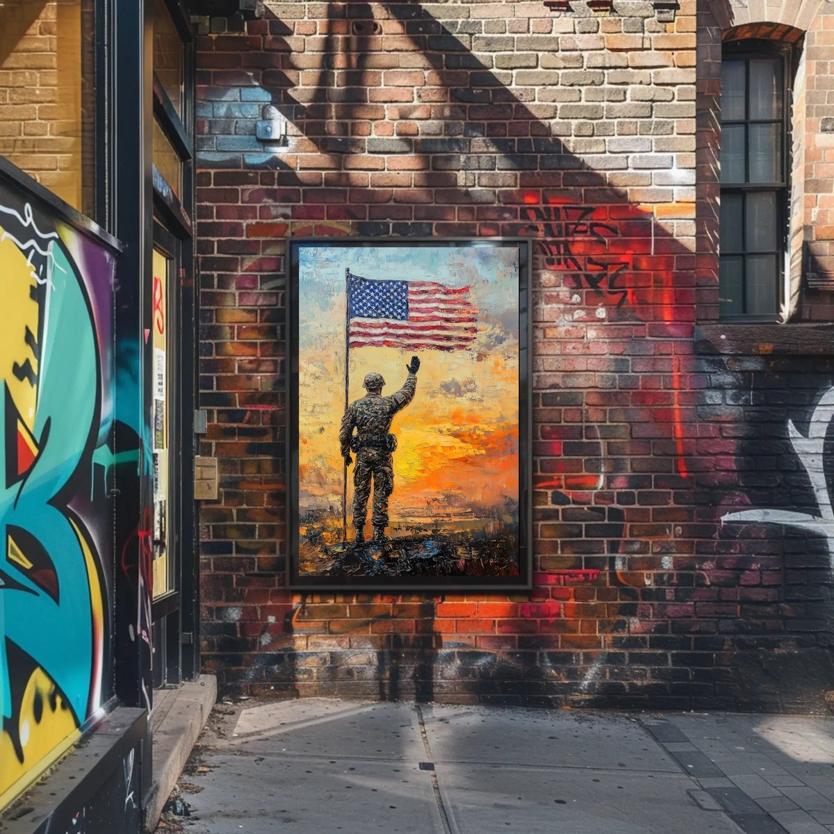 soldier saluting the American flag at sunrise Poster