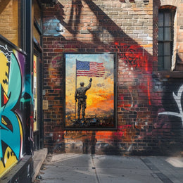 soldier saluting the American flag at sunrise Poster