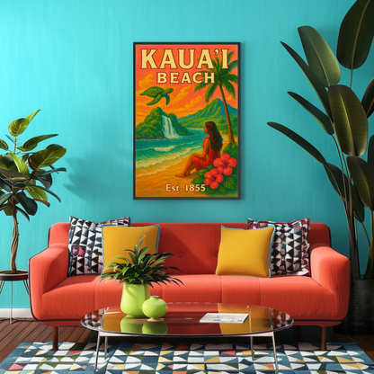 Kauai Beach Hawaii Waterfall Turtle Est 1855 Vintage Travel Poster