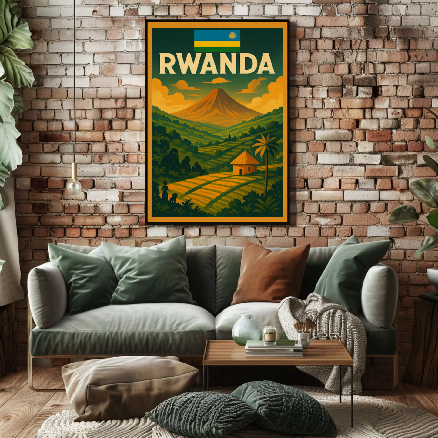 Rwanda Flag and Fields Sunset Travel Poster