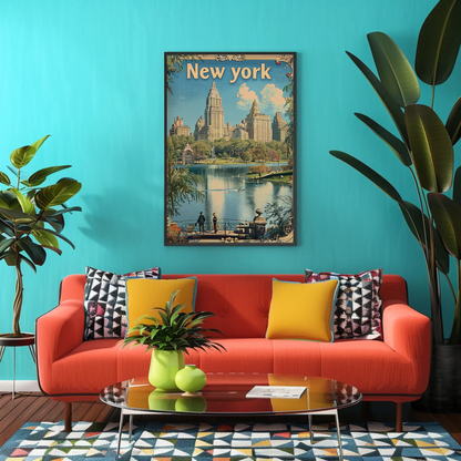New York Central Park Skyline Lake Vintage Travel Poster