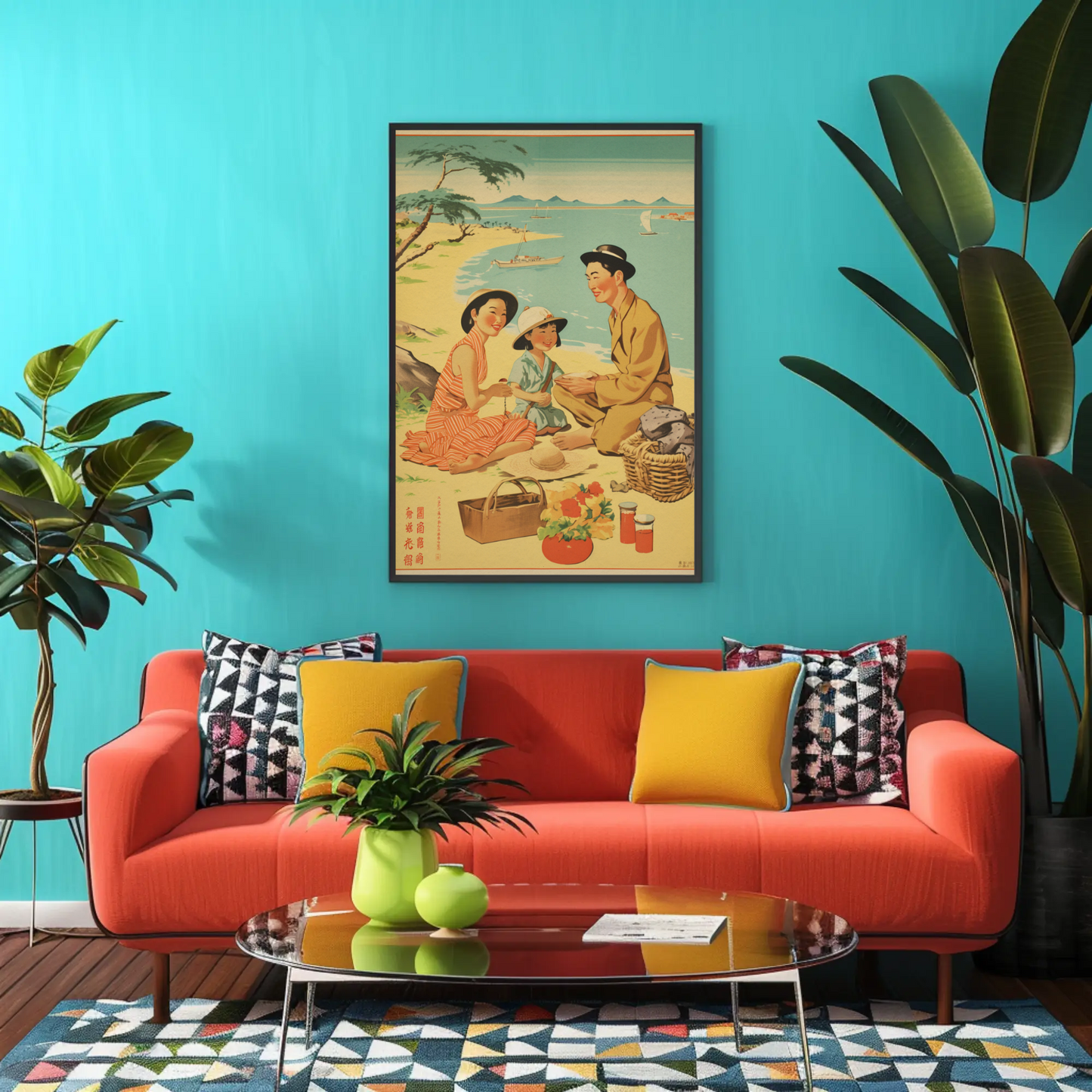 Japanese Family Picnic Seaside Summer Vintage Travel Poster