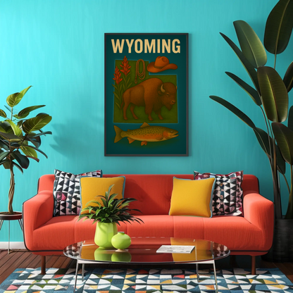 Wyoming Bison Fish Rope Hat Nature Vintage Travel Poster