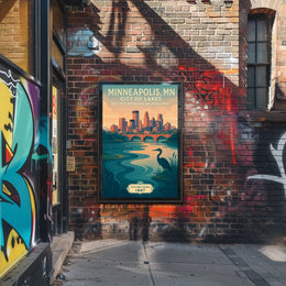 The poster depicts a serene and picturesque representation of Minneapolis, Minnesota, known as Travel Poster