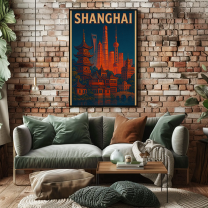 Shanghai Skyline and Pagodas Night Poster