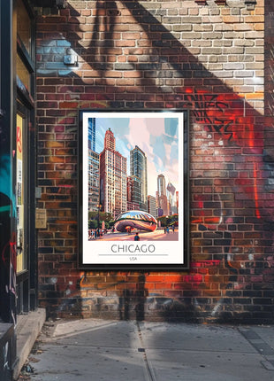 Chicago Skyline Travel Poster with Cloud Gate Landmark