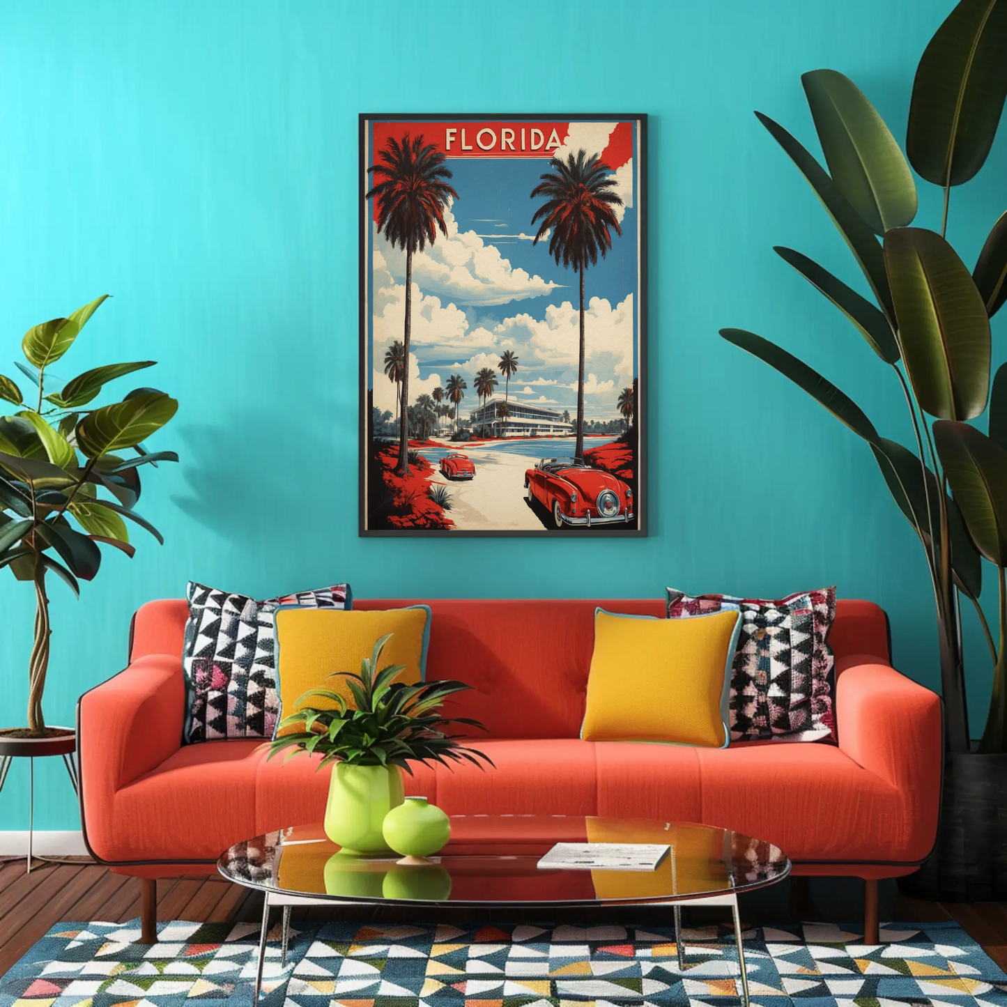 Florida Retro Cars Beach Palms Vintage Travel Poster
