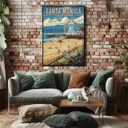 Santa Monica Pier Ferris Wheel Coastal Beach Travel Poster