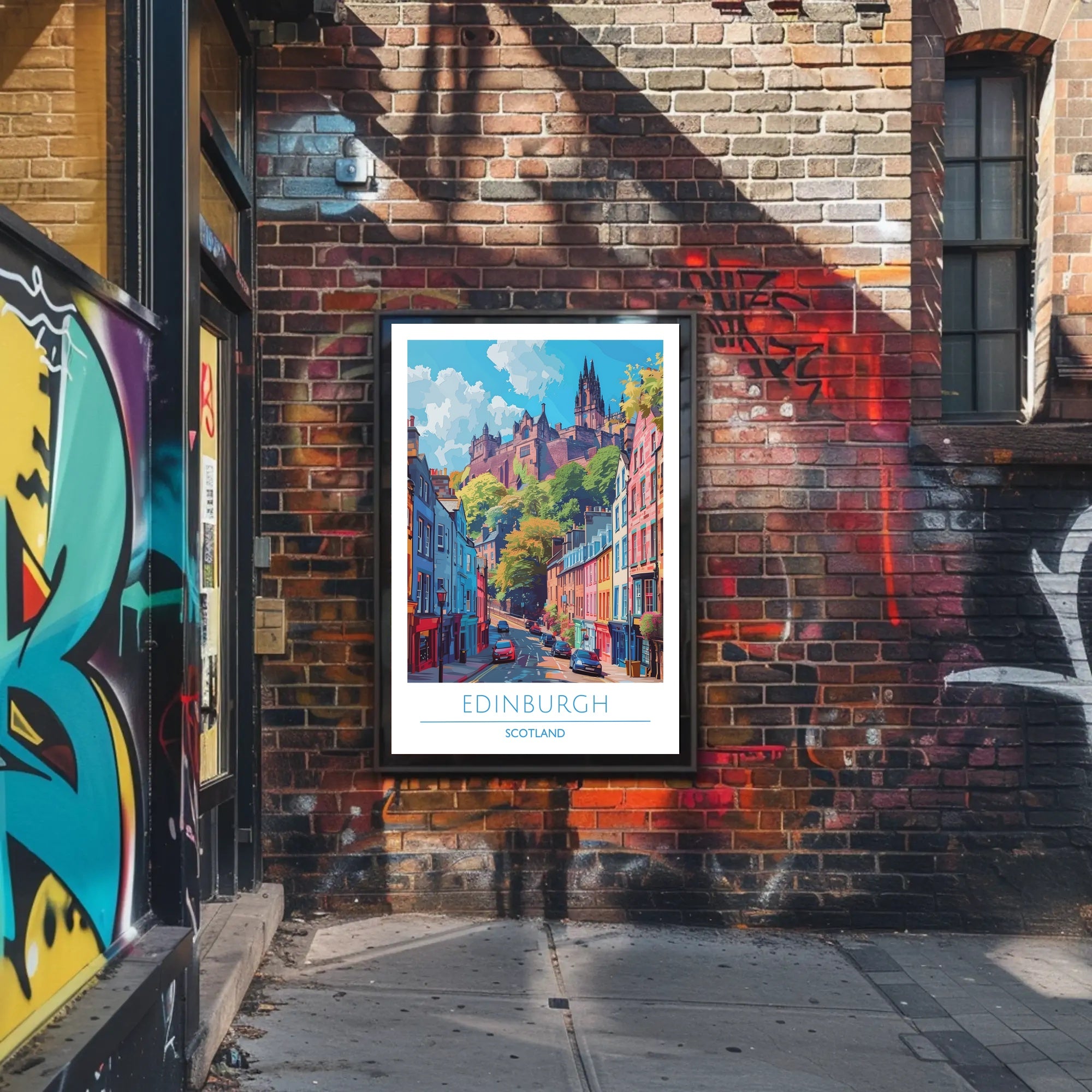Edinburgh Street Scene with Castle Travel Poster