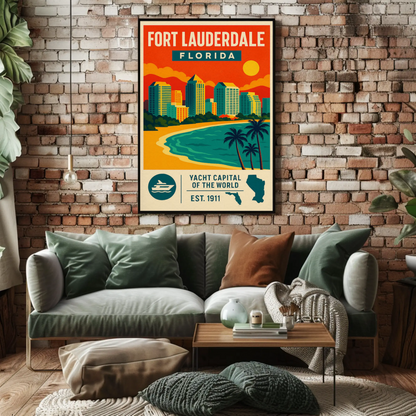Fort Lauderdale Florida Skyline Palms Sunset Travel Poster