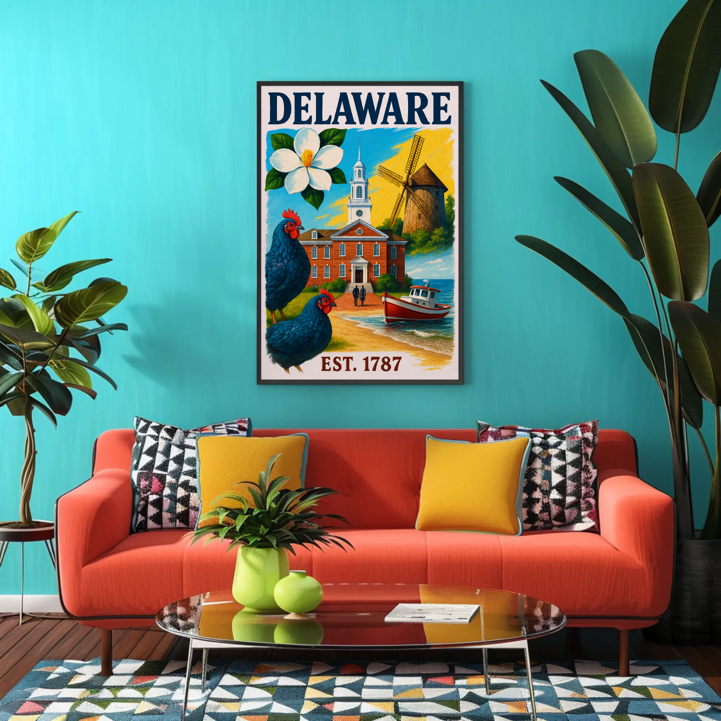 Delaware 1787 Poster With Windmill And Chickens Vintage Travel Poster