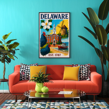 Delaware 1787 Poster With Windmill And Chickens Vintage Travel Poster