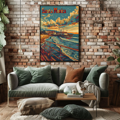 Santa Monica Sunset Pier and Surf Travel Poster