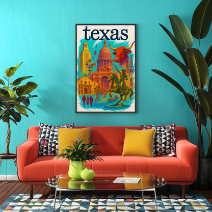 Texas Capitol Cowboy Longhorn Windmill History Vintage Travel Poster