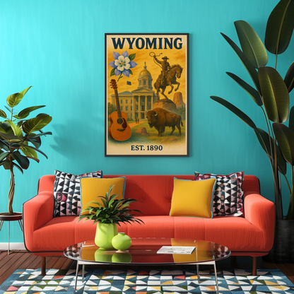 Wyoming Capitol Rodeo Guitar Bison Flower Vintage Travel Poster