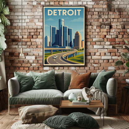 Detroit Highway View Modern Skyline Travel Poster