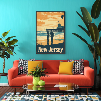New Jersey Beach Couple Vintage Poster