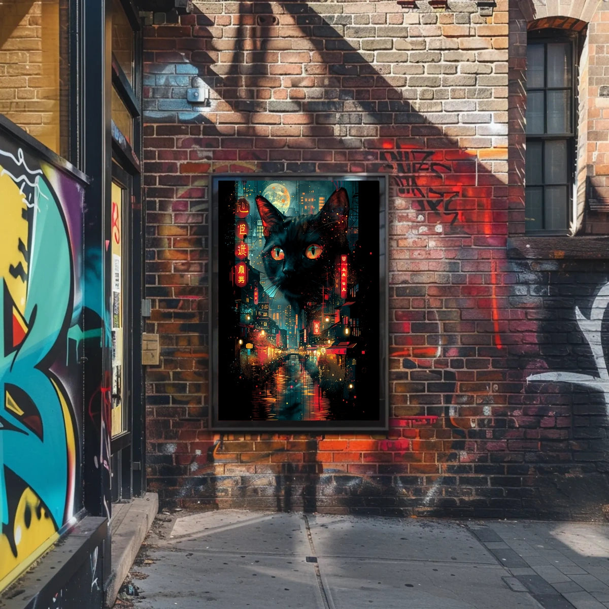 Surreal Cityscape Poster with Floating Black Cat