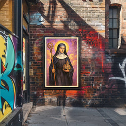 Saintly Figure with Church Model Poster PosterGoat