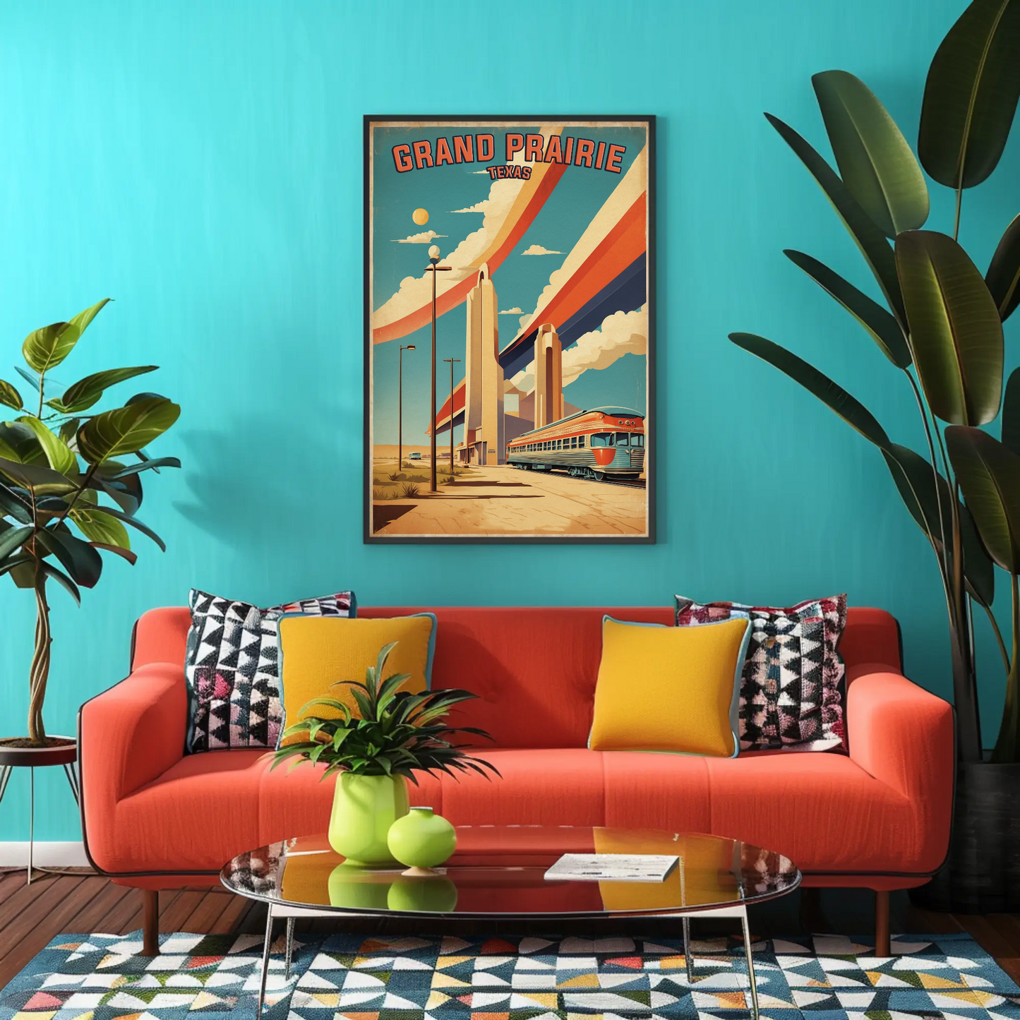 Grand Prairie Texas Train Towers Streamline Vintage Travel Poster